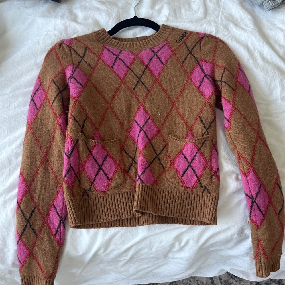 Ganni Pink and Brown Argyle Sweater